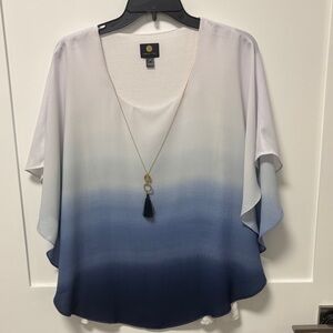 JM Collection White to Navy Blue Ombre Flutter-Sleeve Tunic